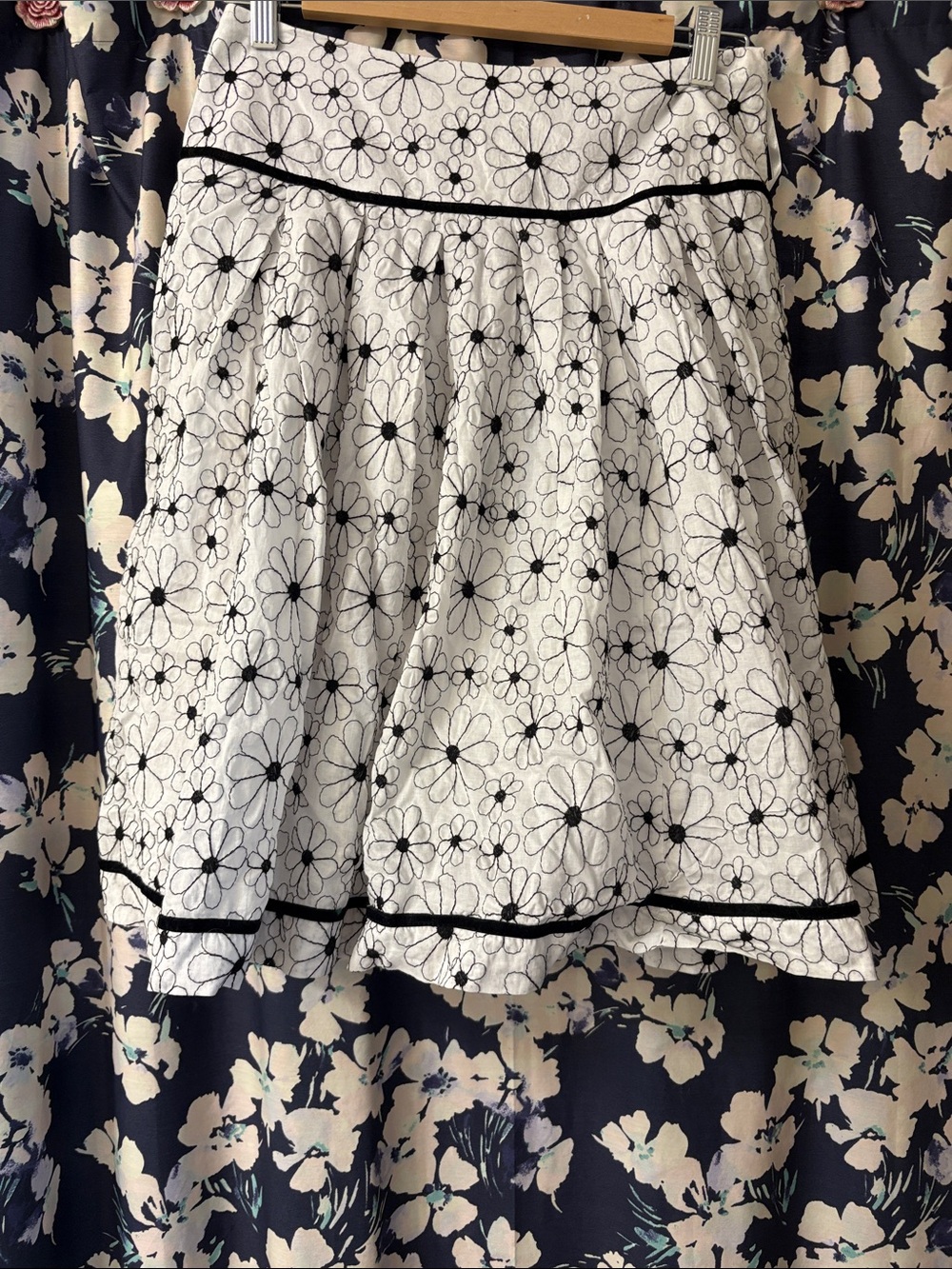 Autograph White A-Line Skirt with Black Floral Embroidery